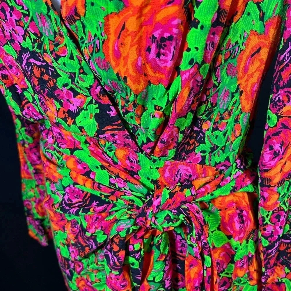Zara Neon Green & Hot Pink Floral Long Sleeve Wrap Dress - Picture 2 of 5